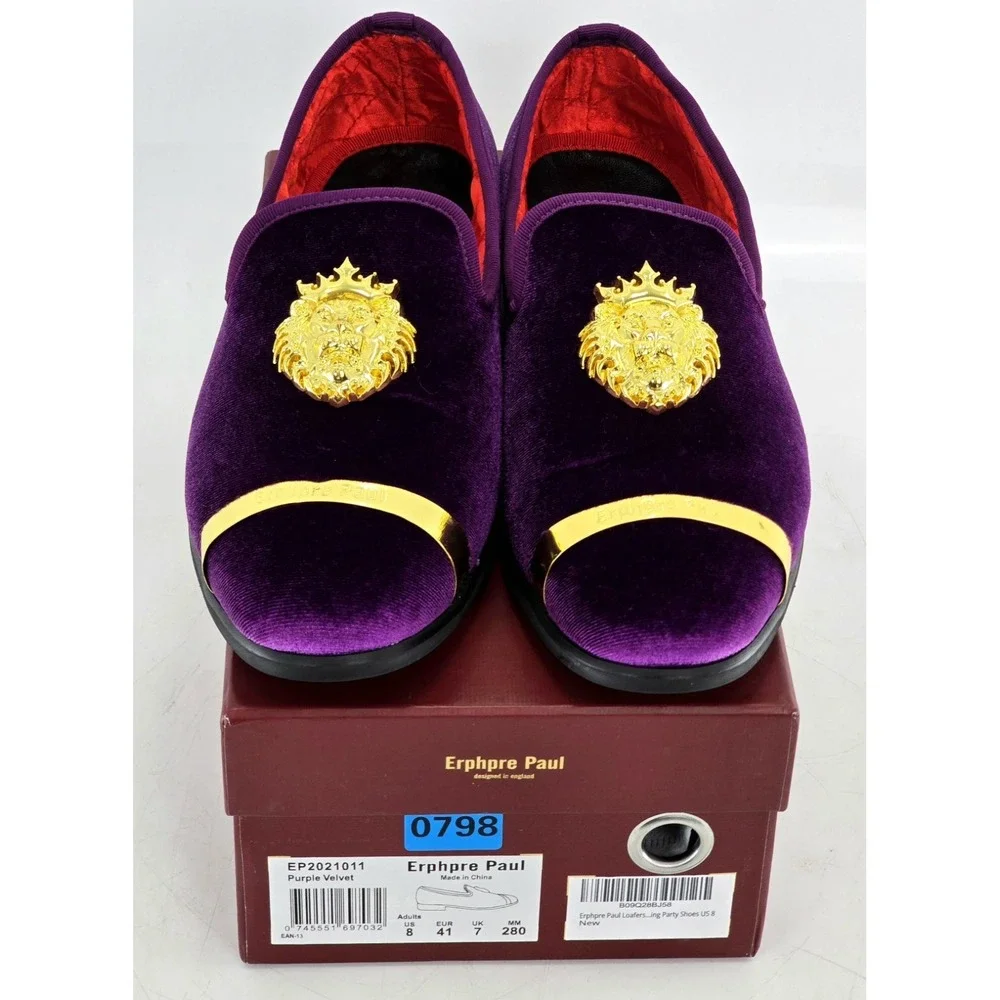Erphpre Paul Shoes Men's Sz 8 - Purple Velvet - Comfy‎ - Metal Lion Head gold